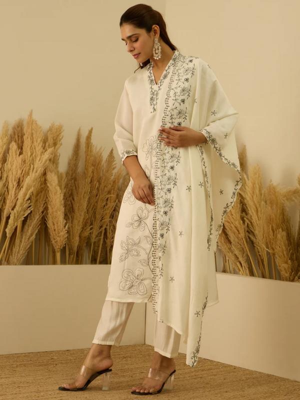 VP 9804 W Embroidered Straight Kurta Set with Trousers & Dupatta
